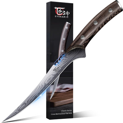 SYOKAMI Fillet Knife, Razor Sharp 7.2 Inch Boning Knife, High Carbon Stainless Steel Filet Knives with High Flexibility, Wooden Handle, Full Tang Damascus Pattern Fishing Knives, Ideal Gift