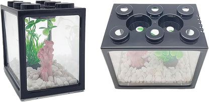 0.25 Gal Black Desktop Aquarium Kit with Aquarium Gravel & Resin Decorations, Cube Mini Fish Tank, Stackable Desktop Fishbowl for Sea Monkeys & Aquarium Landscape Enthusiasts