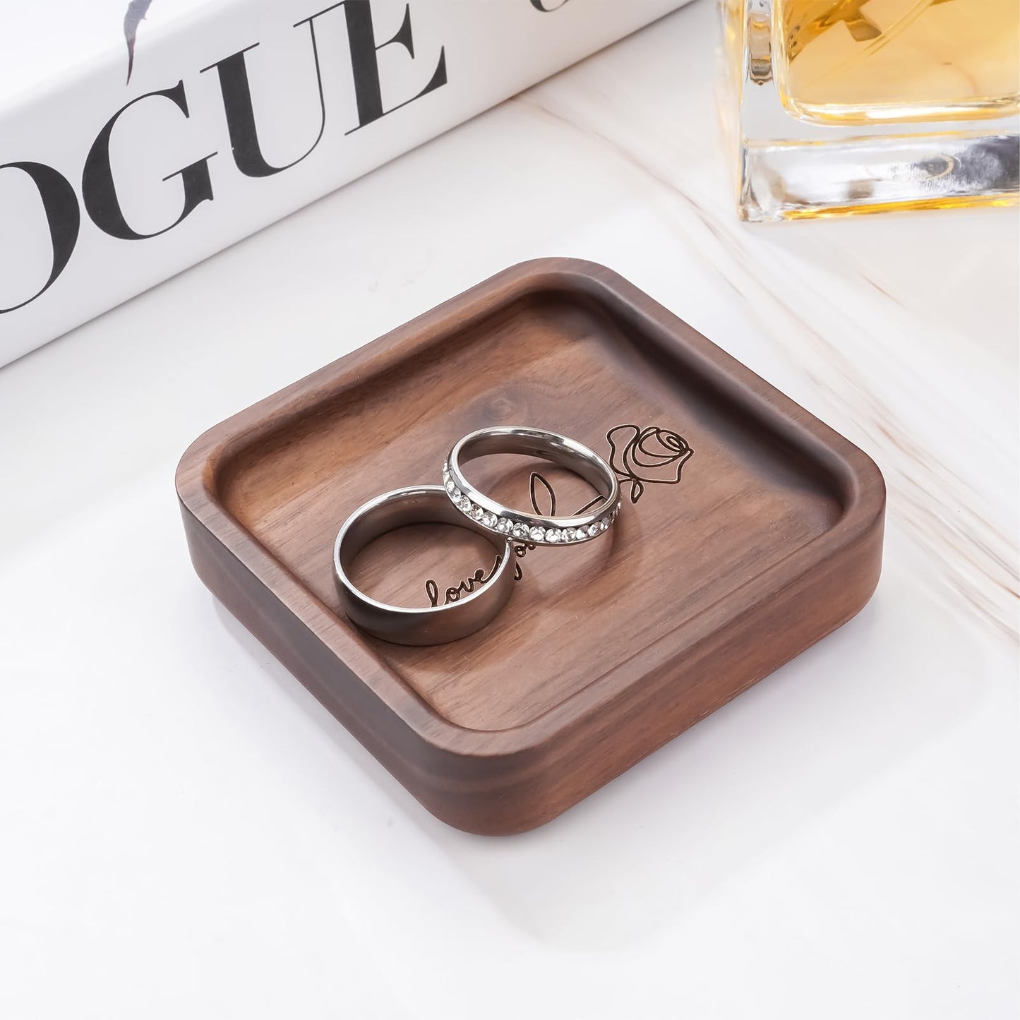 SOITIS Walnut Wooden Ring Tray Wedding Ring Dish Engagement Jewelry Dish for Couples Gift for Anniversary Christmas Birthday-Square