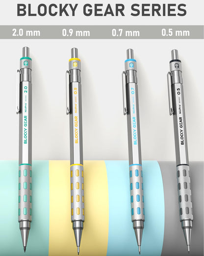 Nicpro Blocky Gear Metal Mechanical Pencil Set with Leather Case, 40PCS Art Drafting Pencil 0.5, 0.7, 0.9 & 2mm Lead Pencil with 352PCS (HB 2H 4H 2B 4B 6B Color) Lead Refills for Sketching Drawing