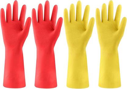 Rubber Kitchen Dishwashing Gloves - 4 Pairs Colorful Reusable Cleaning Gloves for Kitchen Washing Dishes and Household Cleaning (Medium, Yellow+Red)
