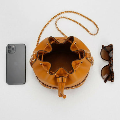Rosvovo Leather Bucket Bag - Elegant Orange Drawstring Crossbody Purse for Women with Gold Chain Strap