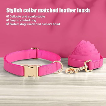 PET ARTIST Soft PU Leather Dog Collar and Leash Set, Bright & Stylish 5FT PU Leather Leash and Collar Set, Durable Pet Collars with Quick Release Metal Buckle for Small Dogs,Hot Pink,S(9"-14")