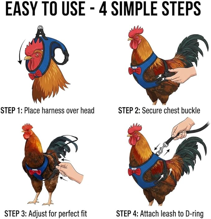 Washable Chicken Diaper Harness with Poop Bag | Leak-Resistant Adjustable Vest for Hens Ducks, Indoor Pet Poultry, 12-Hour Dryness Tested (Large, Blue)