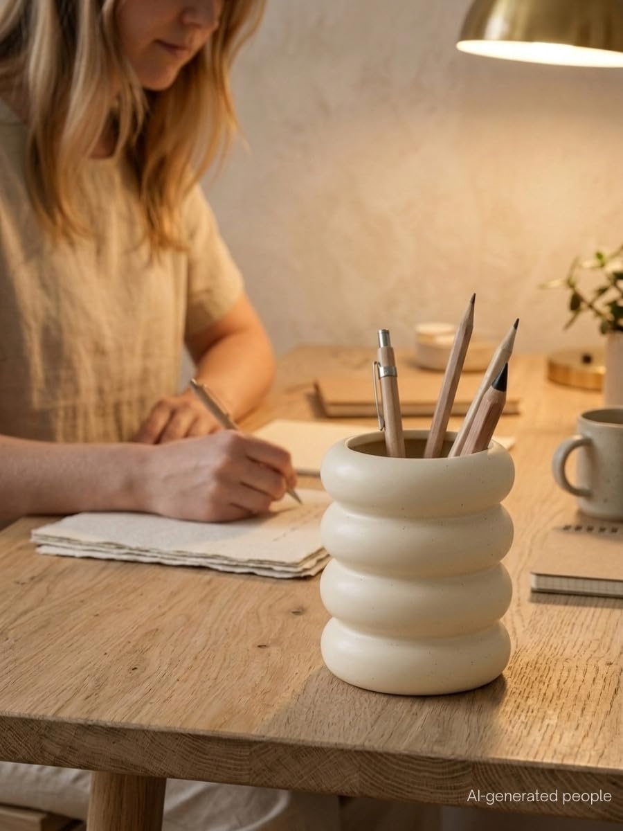 WENSHUO Chubby Pen Holder, Makeup Brush Organizer, Modern and Minimalistic, Ceramic Desk Accessories (Matte Crème)