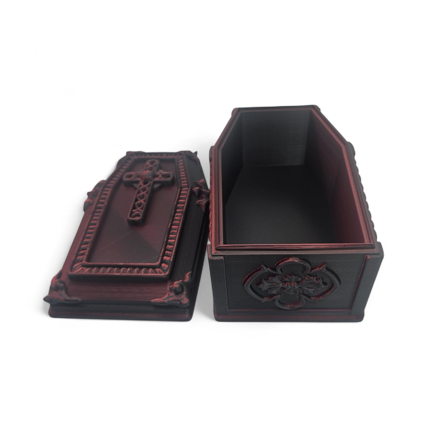ZZ LIFE Coffin Display Container – Gothic Halloween Storage Box – Spooky Decorative Prop for Desk or Shelf – 3D Printed Creepy Organizer – Goth Inspired Display Case (Red/Black)