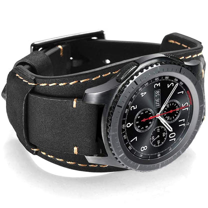 Sjiangqiao Compatible with Samsung Galaxy Watch 46mm/Gear S3 Frontier/Classic Bands, 22mm Vintage Genuine Leather Replacement Strap Cuff Bracelet Wristband Accessories Wrist Belt for Men Women(Black)