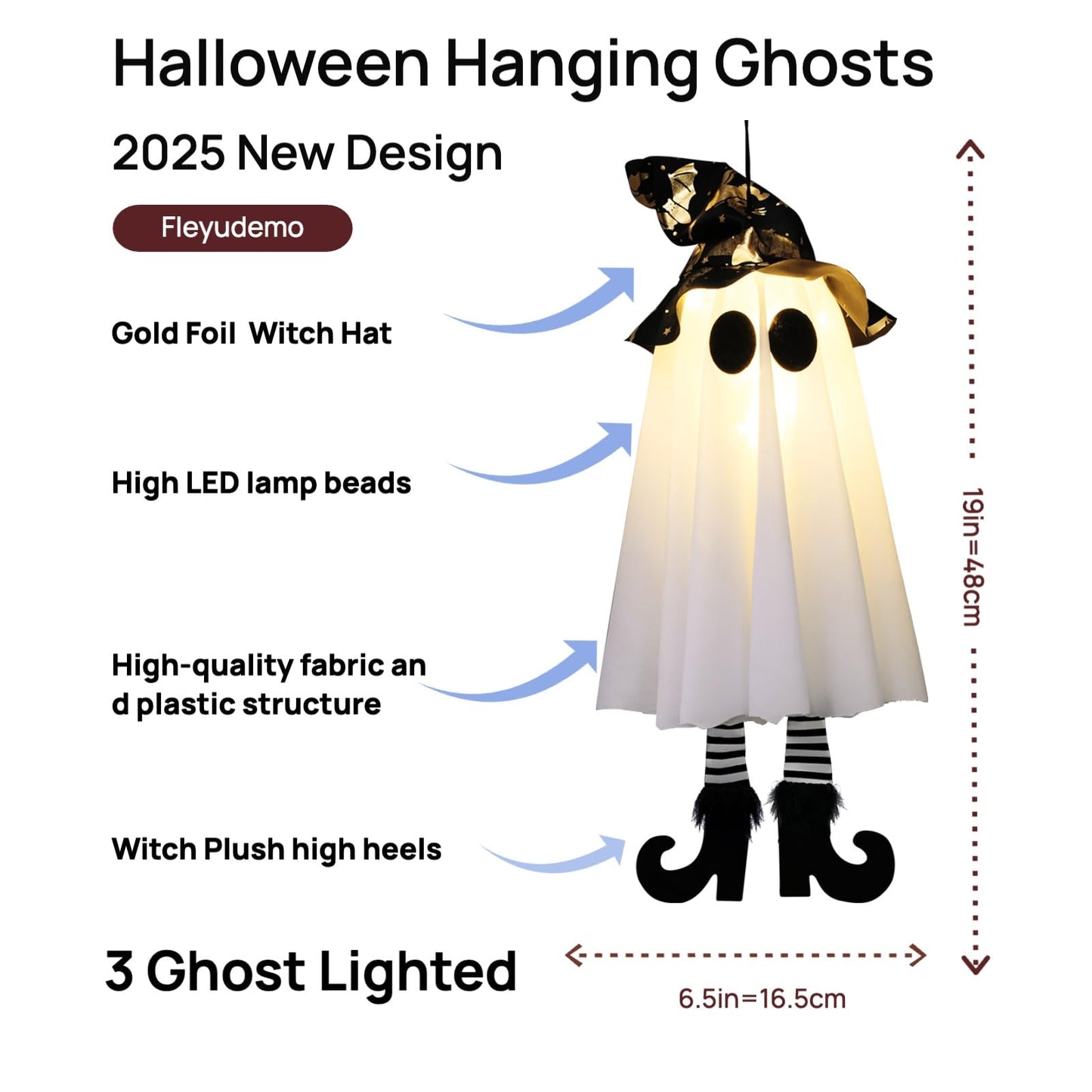3 Pack Halloween Hanging Ghosts,Halloween Decorations Outdoor,19 inch Light Up Hanging Ghost with Witch Hat for Yard Patio Garden Tree