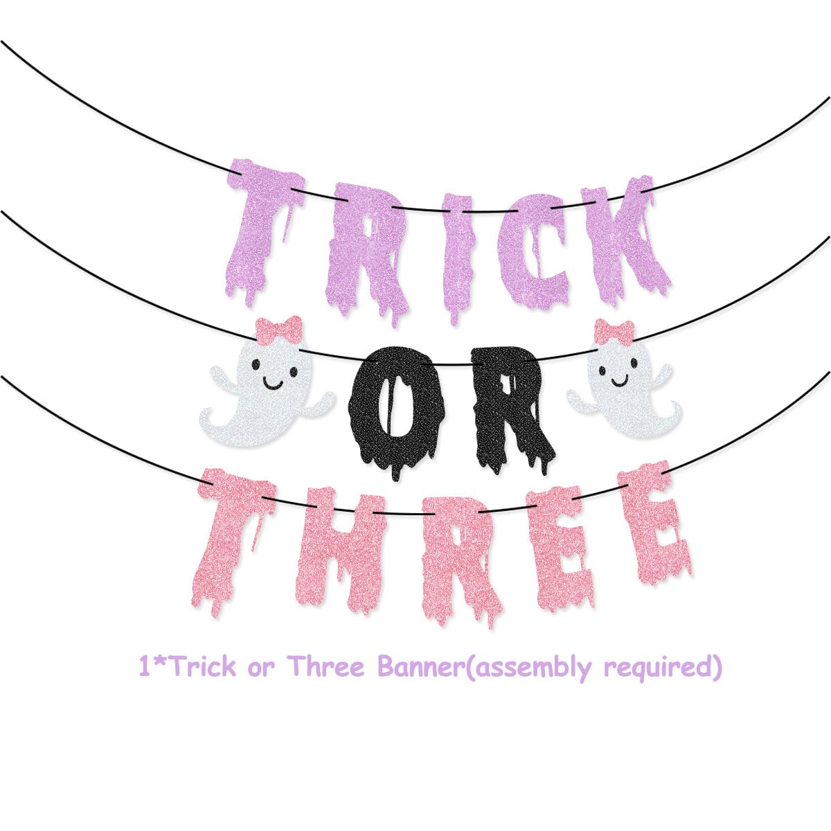 90 Pcs Trick Or Three Party Kit Trick Or Three Banner Cake Topper Halloween Ghost Bat Balloons for Pink Purle Halloween Girl Third Birthday Party Decorations