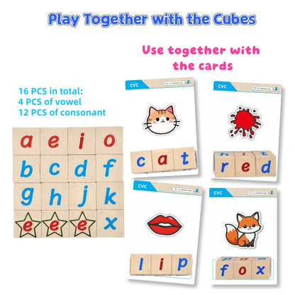 Magnetic CVC Letter Cubes Writing Boards Set. 32 Magnet ABC Blocks, 2 Magnetic Spelling Boards, 100 Word Building Cards, CVC/CVCC Literacy Spelling Reading Alphabet Manipulative Phonemic Awareness