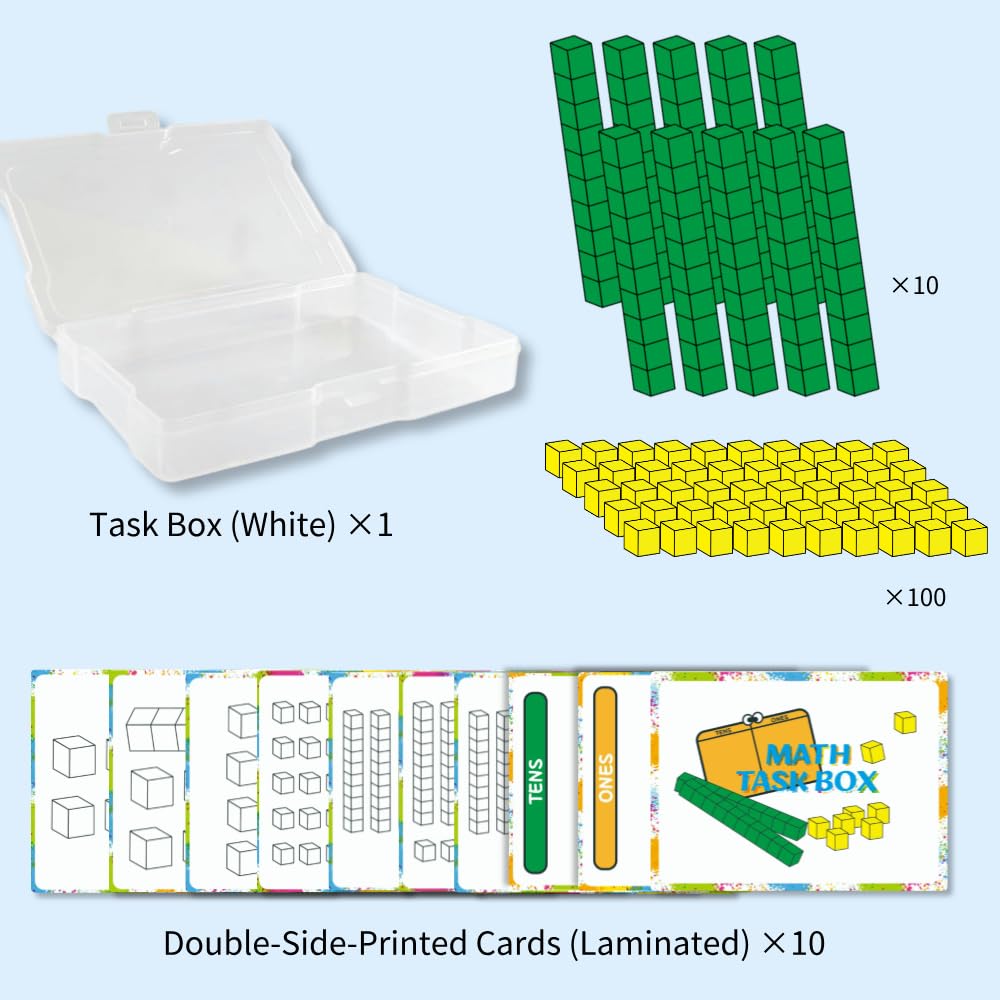 Math Task Boxes Set of 5 Math Manipulatives Themes 230+ Pieces of Number Rods, Base Ten Blocks, Ten Frame Disc Counters, Place Value Blocks, 0-9 Numbers, 3D Shapes, Activity Cards (Base Ten Blocks)