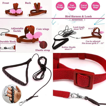 Birds Adjustable Harness and Leash, Parrot Outdoor Flying Training Traction Rope Straps with Cute Wing for Small Animal Birds, Parrots, Pigeons, Lizard, Turtles (L,Red)