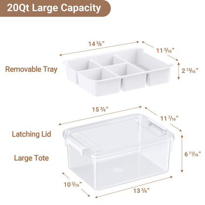 HOMETUK 20Qt Stackable Storage Bin with Lid & Tray, Clear Plastic Latching Box Organizer with Divider Portable 5Gal Container for Arts & Crafts, Home and Car Trunk Organization, 1Pack
