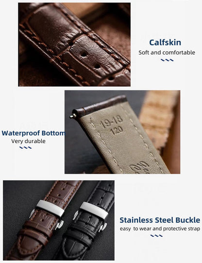 HEYOZURY Watch Bands Genuine Leather Embossed Alligator Grain Calfskin Deployment Buckle Replacement Strap for Women Men Bracelet Men's and Women's Watch Straps 14mm to 24mm