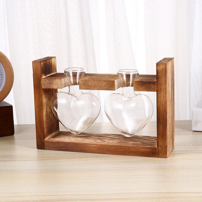BESPORTBLE 2Pcs Heart-Shaped Glass Hydroponic Containers with Retro Wooden Rack Temperature-Resistant Terrarium Vases for Tulips Roses and Green Plants Decorative Flower Holders for Home and