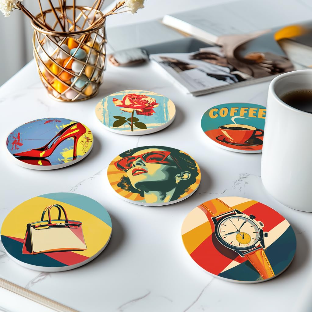 Celercrownv 1950's American Art Retro Coasters Set of 6 with Cork Base and Holder - Cute Absorbent Round Ceramic Aesthetic Drink Coasters Set for Table Decor, Housewarming Gift for Room Bar Decor