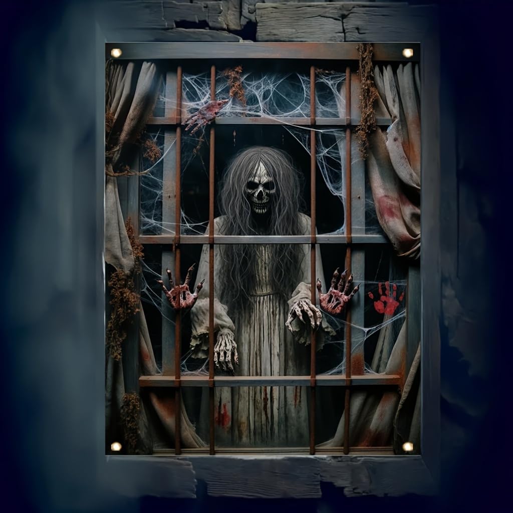 Tomhong Halloween Window Cover 31x47 Inch Scary Skeleton Ghost Window Banner HauntedHouse Decoration Bloody Hands Cobwebs Horror Indoor Outdoor Wall Spooky Party SeasonalDecor