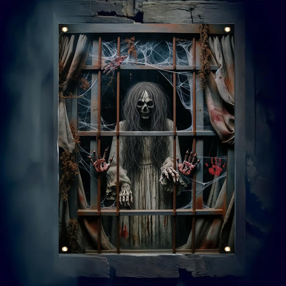 Tomhong Halloween Window Cover 31x47 Inch Scary Skeleton Ghost Window Banner HauntedHouse Decoration Bloody Hands Cobwebs Horror Indoor Outdoor Wall Spooky Party SeasonalDecor