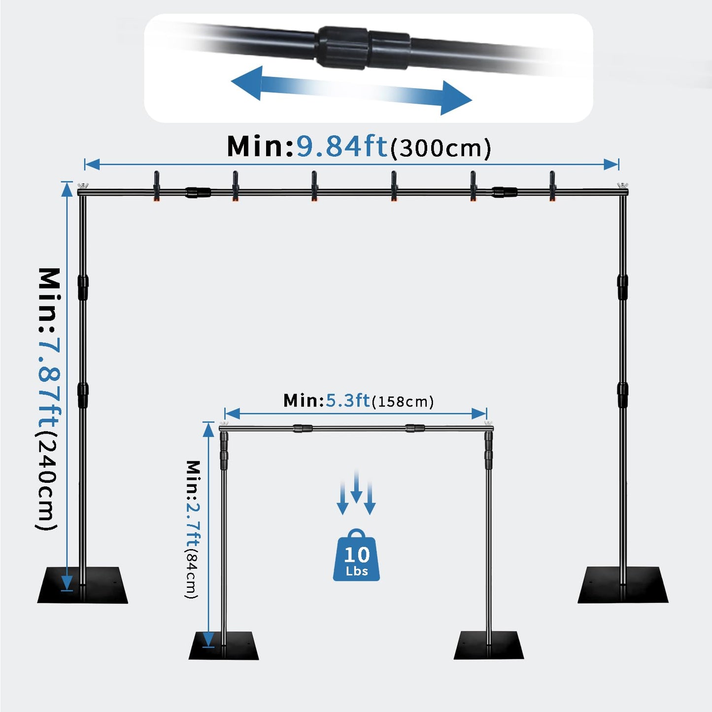 Backdrop Stand, 8x10ft Metal Base Photo Studio Support System, Adjustable Backdrop Frame for Photography, Streaming, Wedding, Projector Screen, Tool Free Setup & Portable Carry Bag