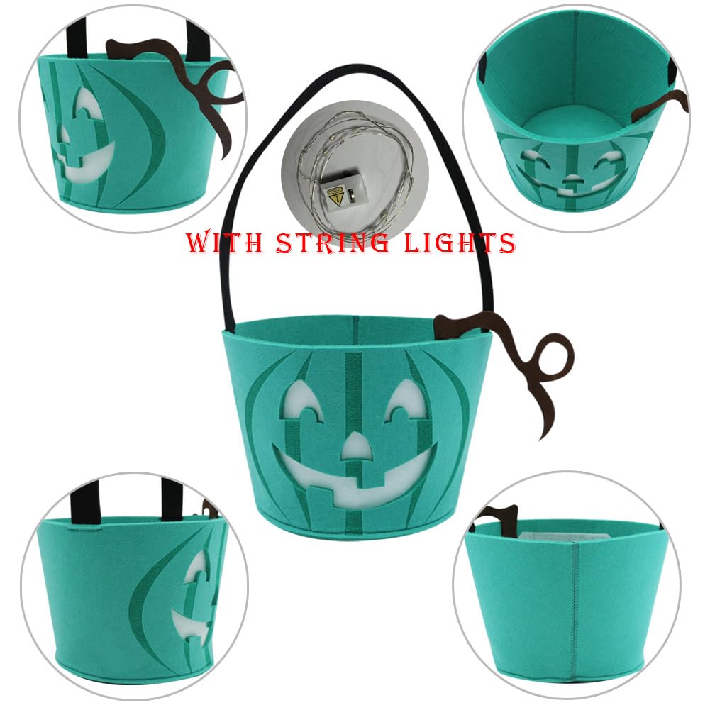 Six Senses Media Light Up Teal Pumpkin Halloween Felt Trick or Treat Bucket, with Blue LED lights, Halloween Party Favors, Halloween Snacks, Goodie Bags for Kids, Novlety Gifts