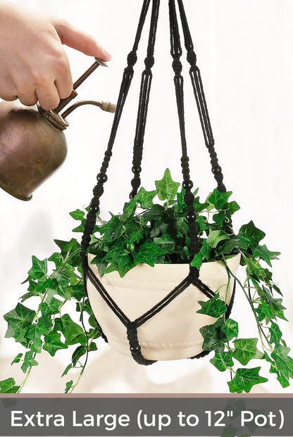 Shineloha 43 Inches Macrame Planter Hanger Large for 12 inch Pot + Swag Hook (Extra Long & Big) | Large Hanging Planter for Indoor Plants | No Tassel, Cotton Rope, NO Pot/Plant Included (Black)(XL)