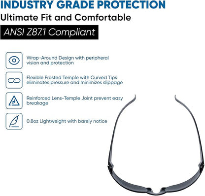 amoolo Tinted Safety Glasses Bulk of 48, Protective Safety Sunglasses, Dark Smoke Lenses for UV Protection, ANSI Z87.1 Impact Resistant Eye Protection for Work, Lab, Construction