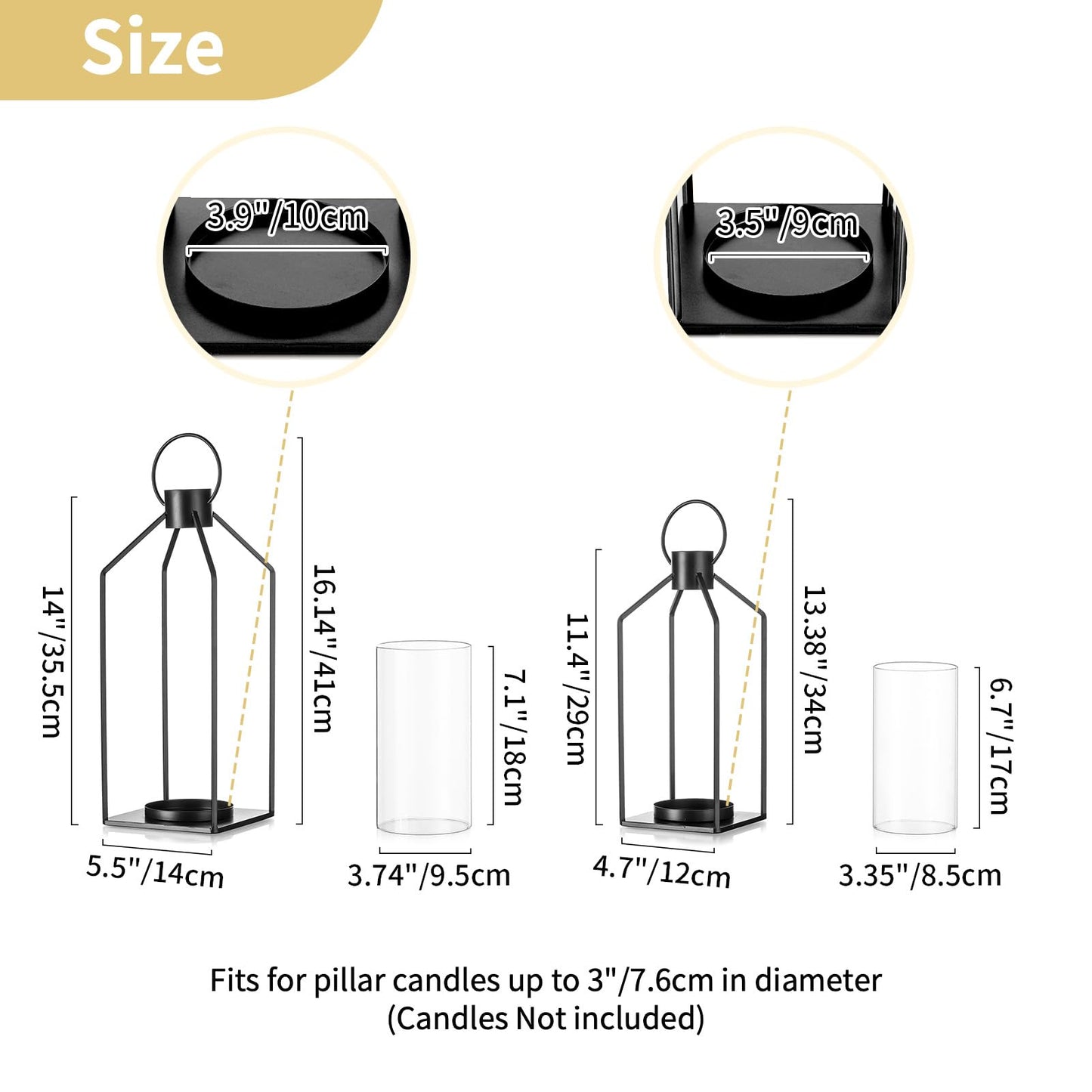 Nuptio Decorative Lantern Candle Holder: 2 Pcs Glass Hurricane Pillar Candles Holders Rustic Black Metal Hanging Lanterns Decor for Outdoor Wedding Farmhouse Home Fireplace Christmas Halloween