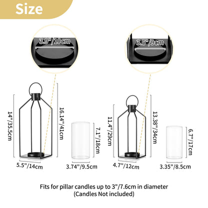 Nuptio Decorative Lantern Candle Holder: 2 Pcs Glass Hurricane Pillar Candles Holders Rustic Black Metal Hanging Lanterns Decor for Outdoor Wedding Farmhouse Home Fireplace Christmas Halloween