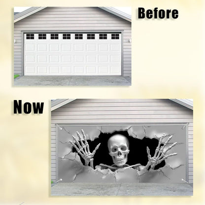 WDESYADMS Skeleton Garage Door Cover 157.48 × 70.87 Inch Scary 3D Cracked Wall Skeleton Garage Door Decoration for Outdoor Halloween Party Yard Home Decor