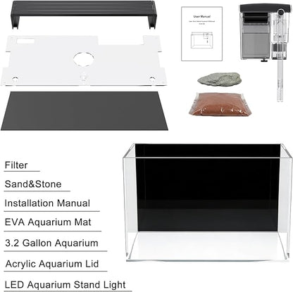 3.2 Gallon Fish Tank,Nano Nature Aquarium Kit,Small Starter Kit,Ultra-Clear Rimless Desktop Small Aquarium with Filter,Light,Rainforest Sand,Rock for Betta,Shrimp,Goldfish. Black Glass
