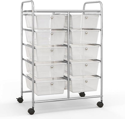 Giantex 10 Drawers Rolling Cart, Classroom Organizers, Storage Cart with Wheels, for Teacher Office Home School Supplies Tool Craft Art Paper, Clear White