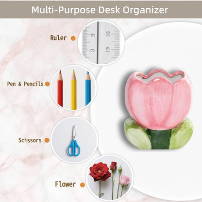lyvantha Pink Pencil Holder,Ceramic Tulip Pen Holder, Multi-Purpose Makeup Brush, Aesthetic Office Vanity Kitchen Desktop Decor,Perfect Birthday Christmas Gift for Women Girls