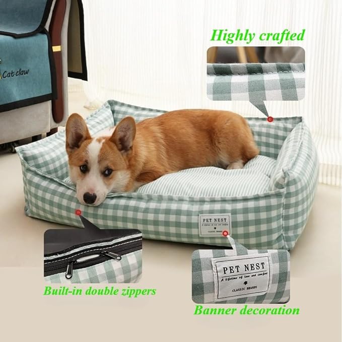 Orthopedic Rectangle Dog Bed for Medium Small Dogs, Plaid Plush Modern Puppy Sofa Bed with Anti-Slip Bottom, Cute Calming Pet Bed(Red,Medium)