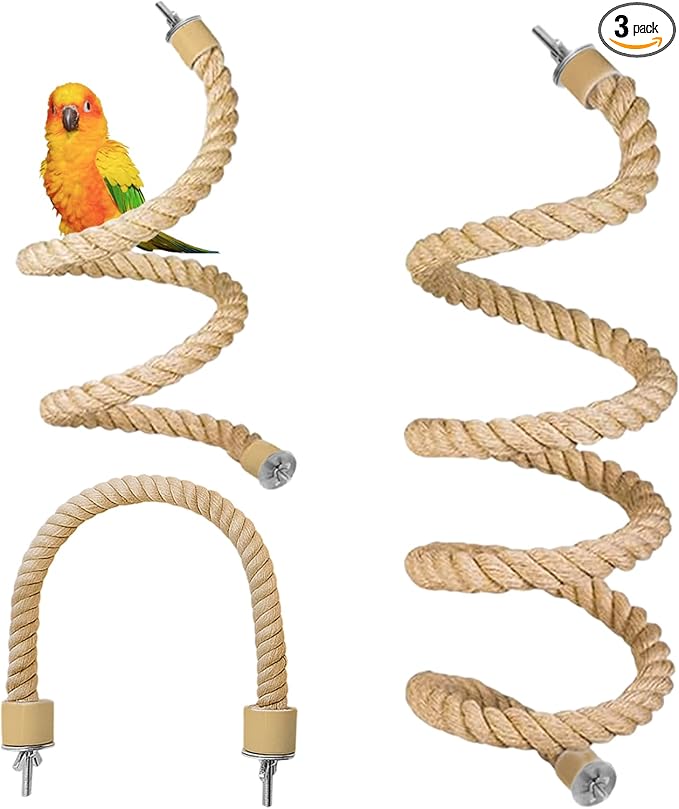 3pcs Bird Rope Perch for Parrots,Bird Cage Climbing Rope Toys Accessories,Bendable Climbing,Bendable Natural Jute Boing with Pine Wood and Stainless Steel Mount,Parakeet Lovebirds(Natural Jute)