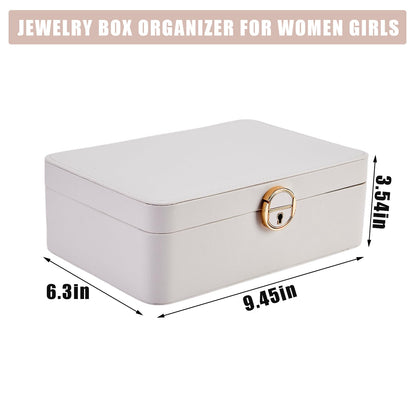 GarveeHome 1PC 2-Layer Jewelry Box Organizer, PU Leather Lockable Jewelry Storage Case for Women Girls, White/Champagne, Portable Display Box for Rings, Necklaces, Earrings