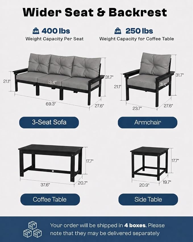 HDPE Outdoor Patio Furniture Set, 7-Piece Patio Conversation Sets with Coffee Table & Side Table & Grey Washable Thick Cushions, Outdoor Sofa for Balcony, Porch(Black Frame)