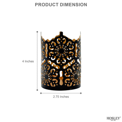 Hosley Set of 3 Black Metal Candle Holders 4 Inch High - Lattice Cut Lanterns for Table Centerpiece, Wedding, Home Decor, Indoor Outdoor