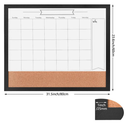Dry Erase Calendar Whiteboard for Wall, Combination Magnetic Dry Erase White Board & Bulletin Board, 23.6" x 31.5" Wood Framed Calendar/Cork Combo Board(BK-6080)