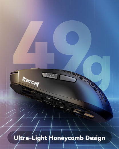 Redragon M725 Honeycomb Shell Gaming Mouse Wireless, Ultra Lightweight 49g, 8000 DPI Tri-Mode BT5.1/2.4GHz/Type-C Wired Gamer Mouse with 2 Side Buttons, Macro Programmable for PC/Mac/Laptop, Black