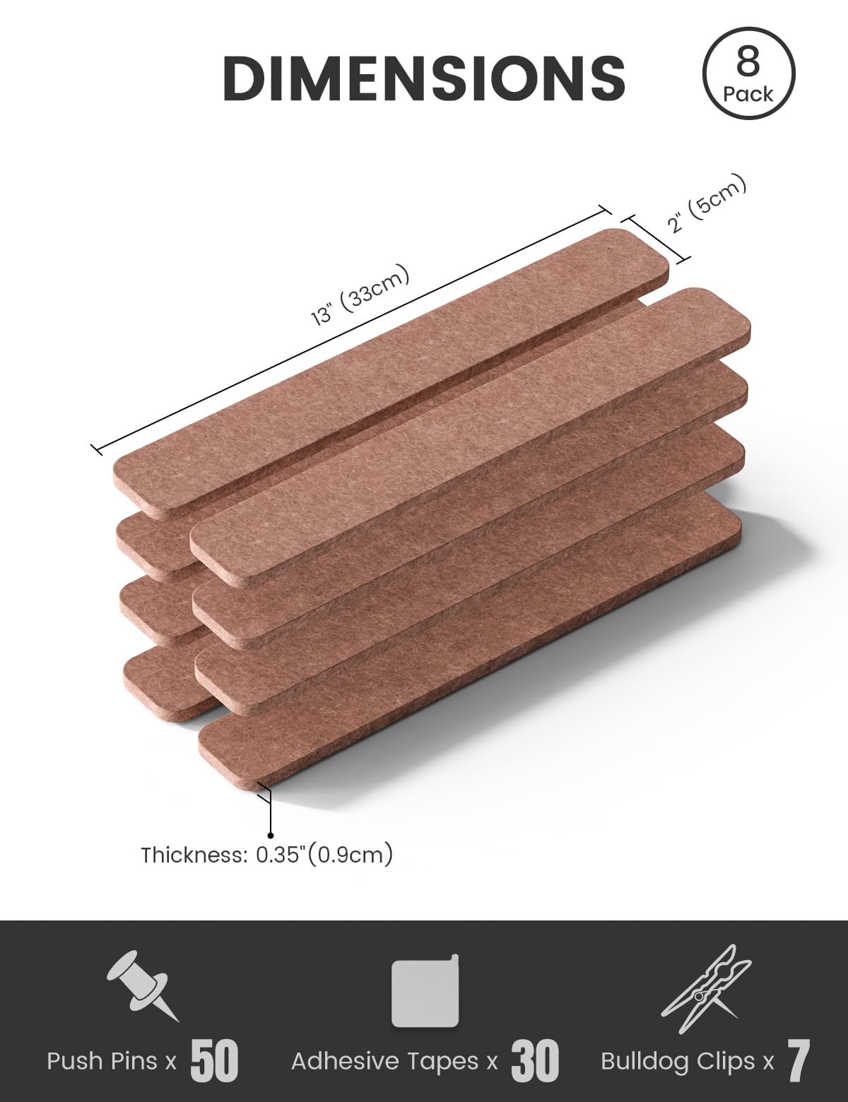 Fluxynara Cork Board Alternative Felt Strip Board 8-Pack 13"x2", Office Pin Board with 50 Push Pins, Adhesive Install for Bedroom Door & Home Office (Terracotta)