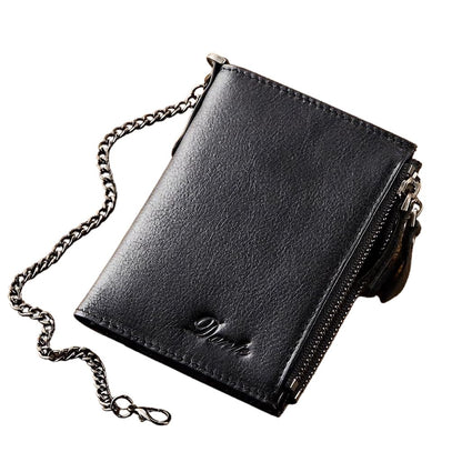 Wallet with Chain for Men Women Genuine Leather RFID Blocking Bi-Fold Wallet with Chain, Zip Coin Pocket, Credit Card Holder, Transparent ID Window for Driver License Biker Punk Hip Hop Style (Black)