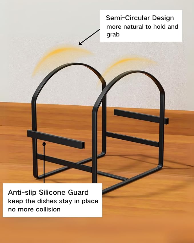 LINFIDITE 2 Pack Kitchen Plate Holder Organizer for Cabinet Space Saver Dinner Plate Storage Rack Upright Dish Drying Racks Metal Dish Stand for Cupboard Countertop Rustproof Black (1 Large 1 Small)