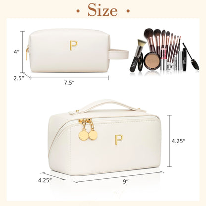 KKXIU Initial Makeup Bag for Women - Personalized Makeup Bag Gifts for Women, Travel Toiletry Bag with PU Leather, Open Flat Design with Top Handle, Cosmetic Bag Set with Multi-Pocket (Beige,P)
