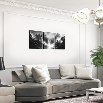 jejeloiu Smoky Mountain Canvas Wall Art for Living Room Bedroom 12"x16"x3pcs Black White Picture Wall Decor for Bathroom Waterfall Tree Office Decorations Artwork Posters Nature Scene Painting