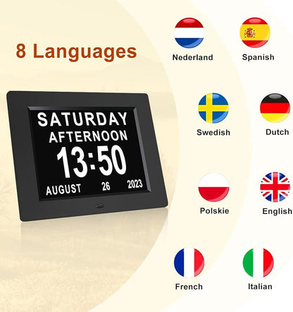 Johnziny 8 Inch Digital Calendar Day Clocks for Seniors-8 Alarms, Auto-Dim, Digital Clock Large Display Date and Day,Dementia Clocks for Seniors,Electronic Calendar with Large Number Black