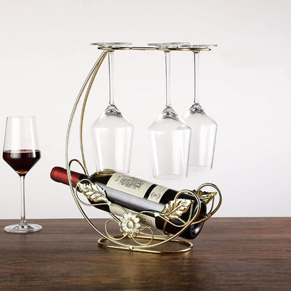 Homya Tabletop Wine Rack, Holds 4 Wine Glasses + 1 Bottle, Gold