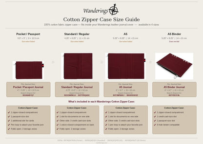 WANDERINGS Zipper Case Card Sleeve Holder Travelers Journal Accessory for Regular Size Refillable Travel Journals - 4.25" x 8.25" - 100% Cotton Fabric Planner Accessories for Standard Notebooks