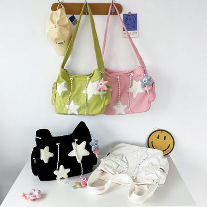 KAMEILONG Star Crossbody Bag Women Corduroy Tote Bag Aesthetic Messenger Bag Cute Shoulder Bag Y2K Hobo Bag (Pink)
