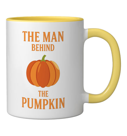 The Man Behind The Pumpkin Dad Halloween Pregnancy Announce Ceramic Mug, Yellow/White