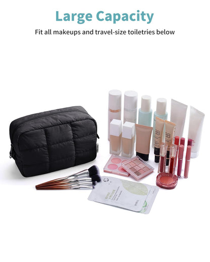 Narwey Puffer Makeup Bag for Women Girl, Quilted Travel Cosmetic Bag Puffy Make Up Bag Organizer, Cute Travel Toiletry Bag for Toiletries (Black)